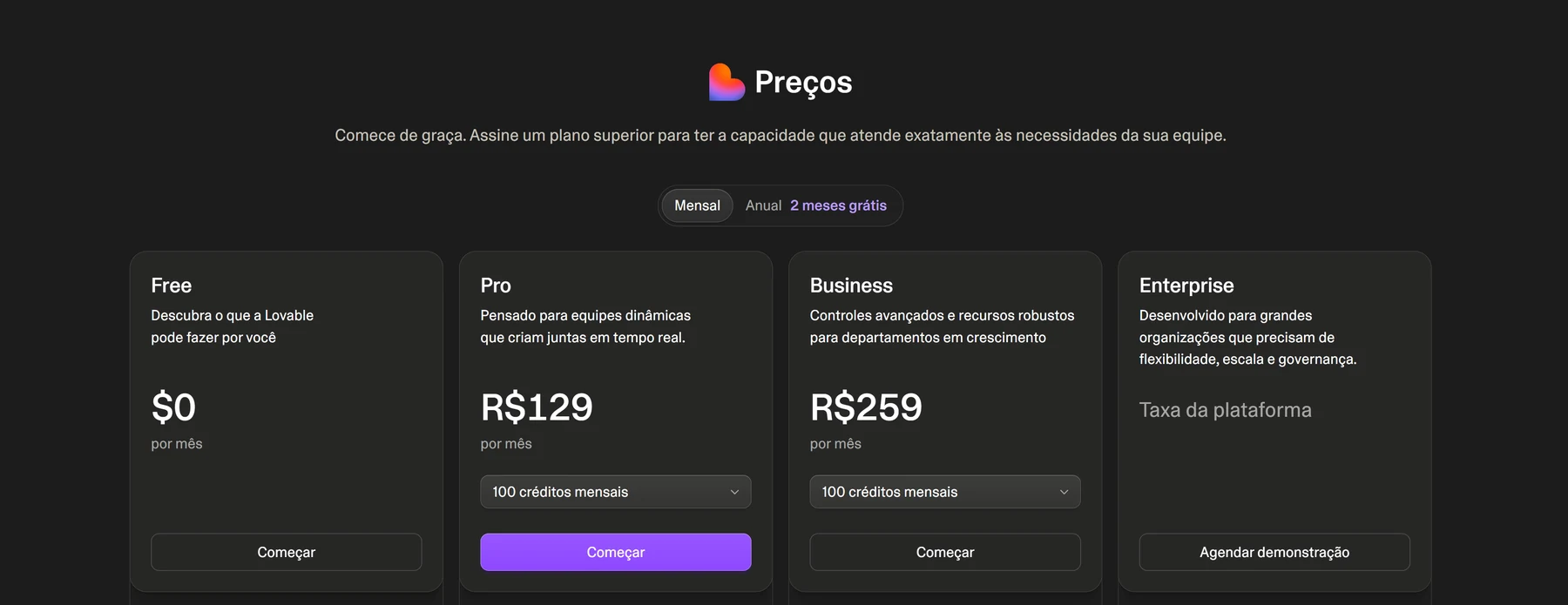 Tabela de preços pública da Lovable